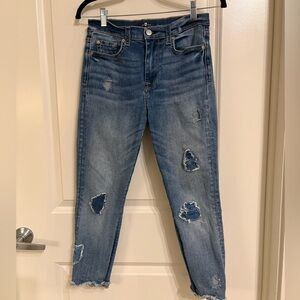7 For All Mankind Ripped Blue Ankle Jeans